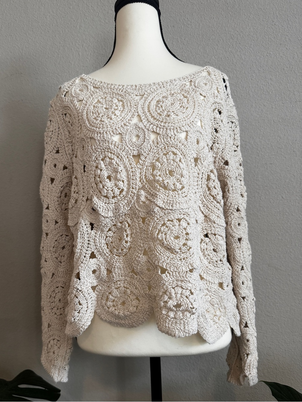Ultra Pink Ivory Cotton Crochet Boho Sweater Cover-Up Size L Festival Summer